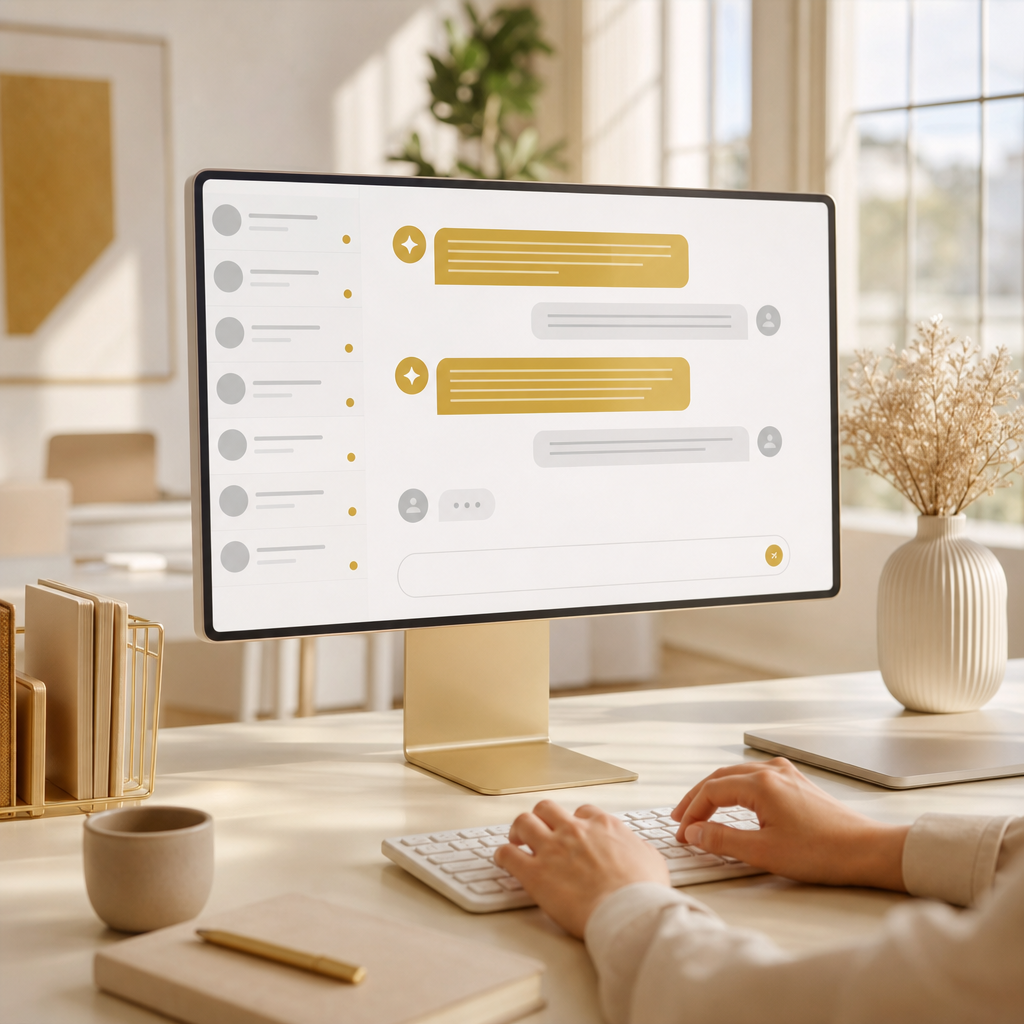 Support specialist resolving customer chats with AI in a bright sunlit office