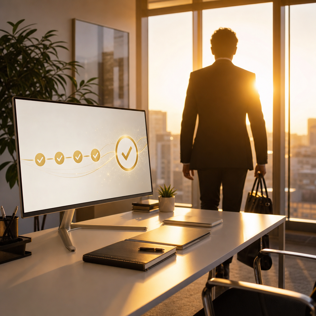 Professional leaving sunlit office while automated workflows complete on screen