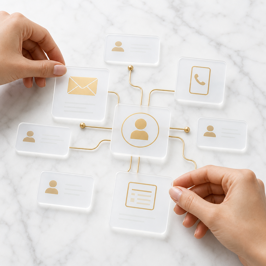 Hands unifying email, phone, and form leads on white marble CRM workspace
