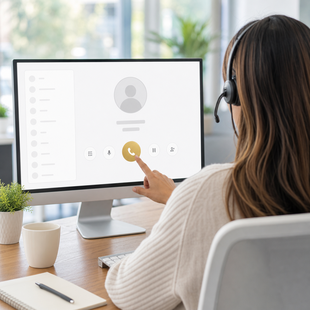 Sales agent connecting outbound call in a bright airy sales office