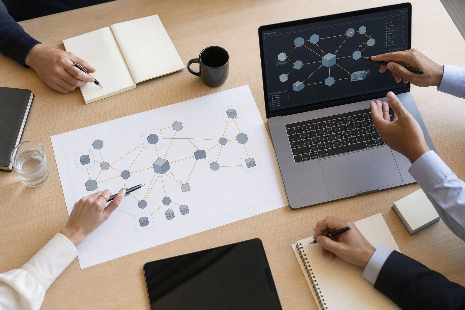 Architects mapping integrations across banking, retail and line-of-business systems