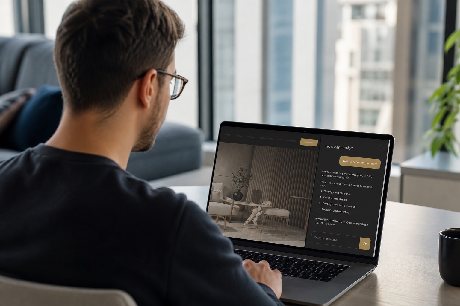 Professional using a website AI assistant to get an immediate, relevant answer through conversation