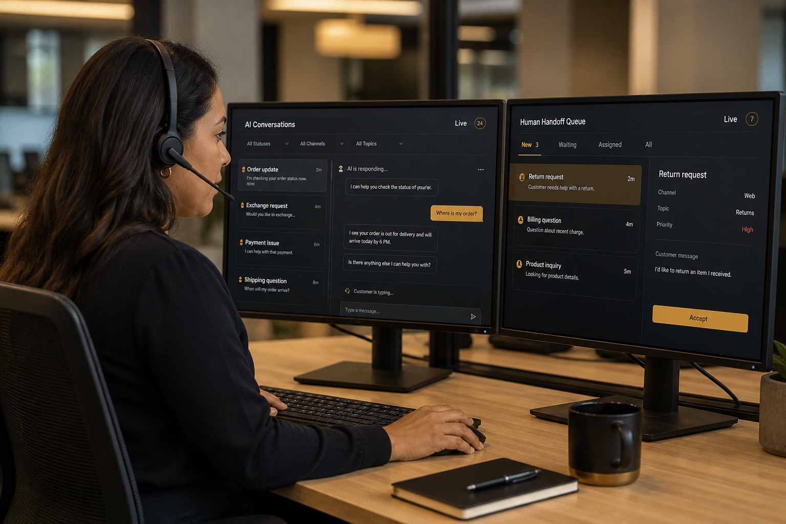 Support specialist reviewing AI conversations and a human handoff queue under controlled access