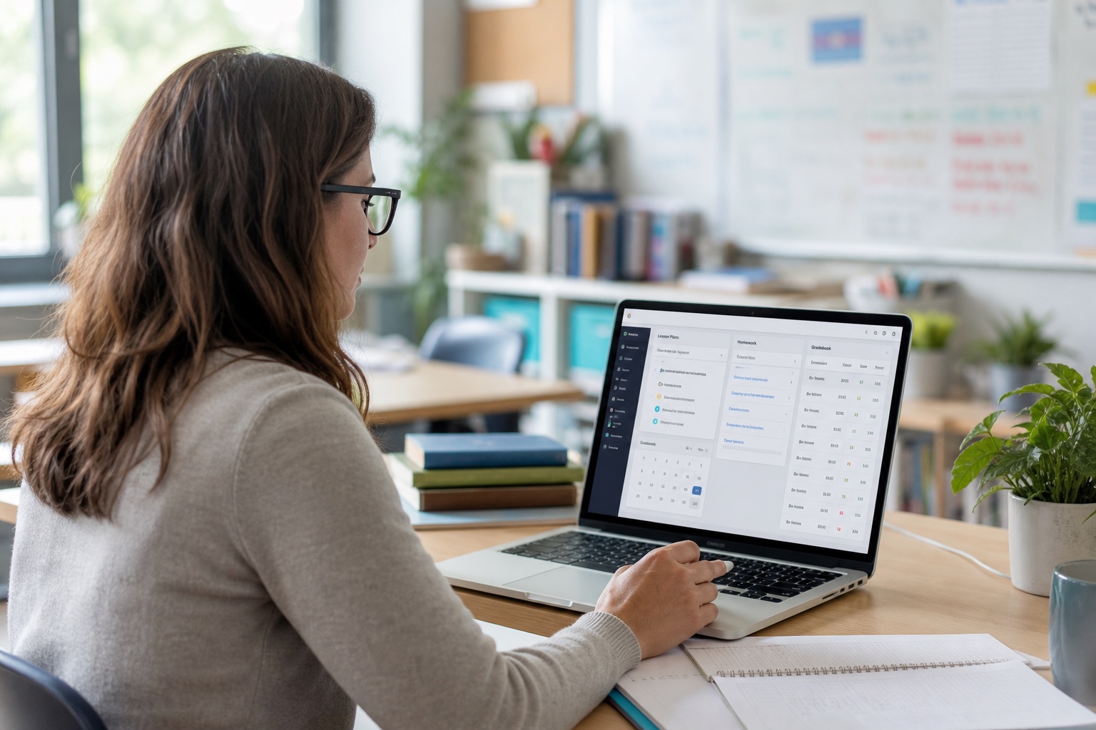 Teacher using Edvia in the classroom to manage lessons, homework, and class performance