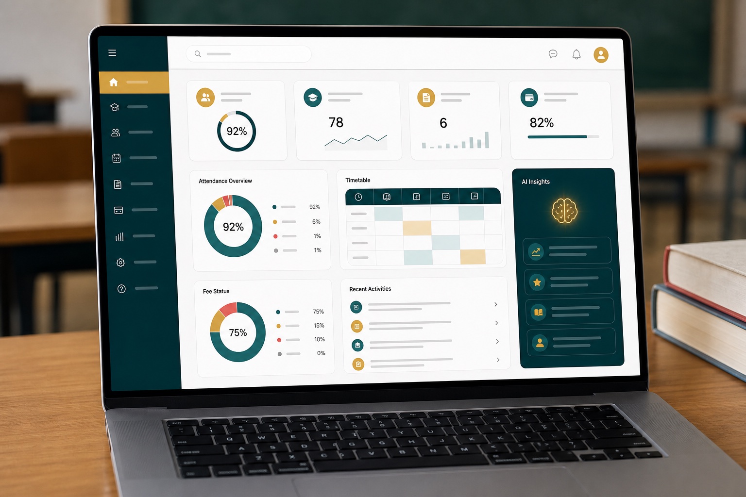 Edvia school management dashboard showing attendance, timetables, fees, and AI insights