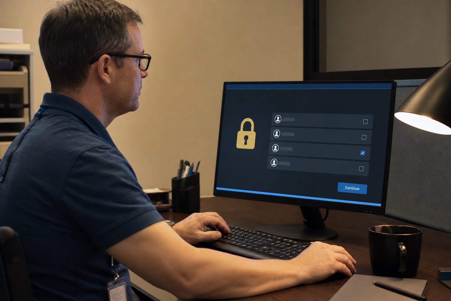 Hospital administrator managing role-based access to the HMS in a secure office