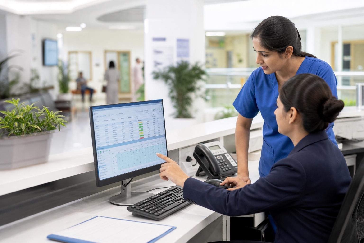 Hospital admissions team using a connected HMS to register patients and review occupancy