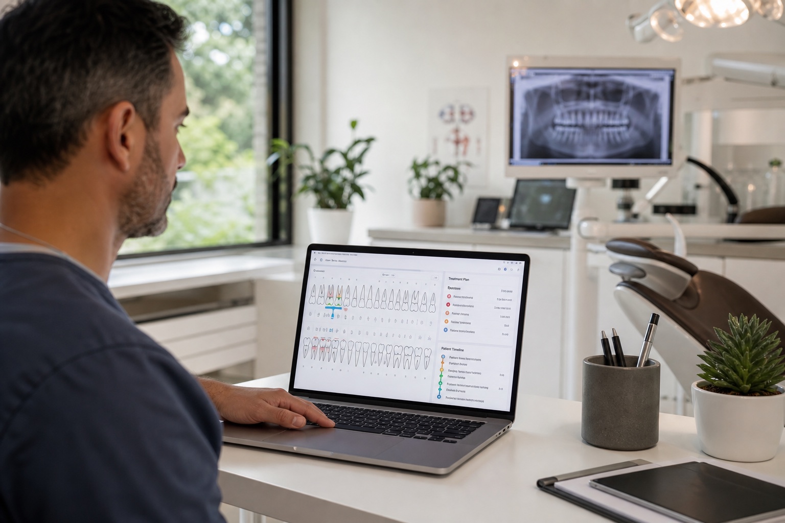 Dentist reviewing clinical charting and a treatment plan on Orixdent Plus in a modern clinic