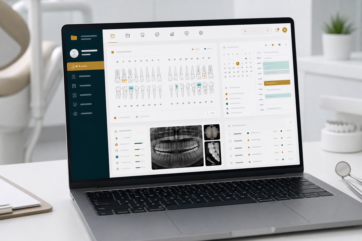 Orixdent Plus dashboard showing dental charting, treatment planning, and the practice schedule