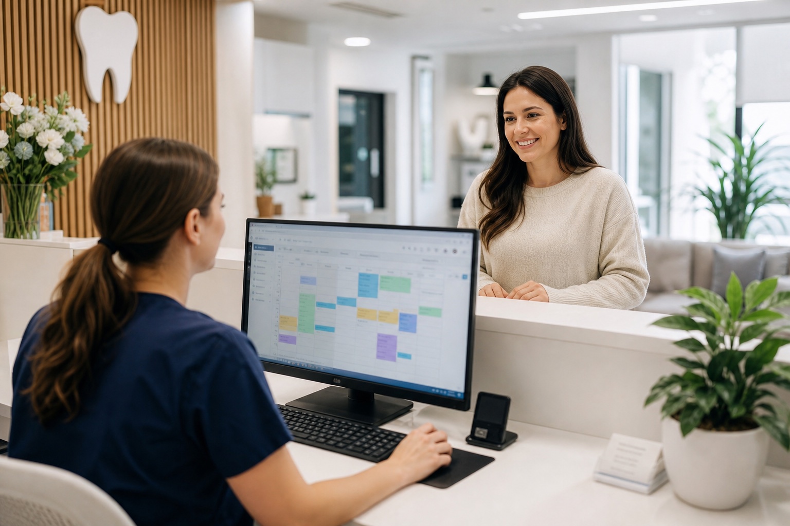 Dental receptionist managing the practice schedule with a patient at the front desk