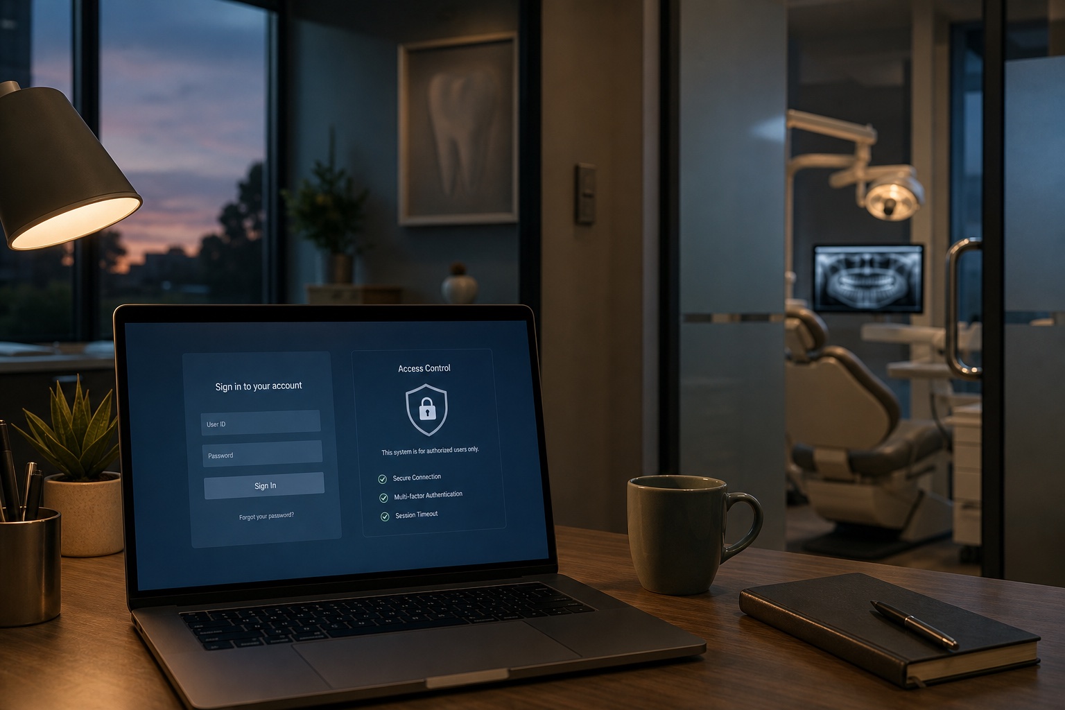 Secure authenticated access to dental practice management software in a clinic office