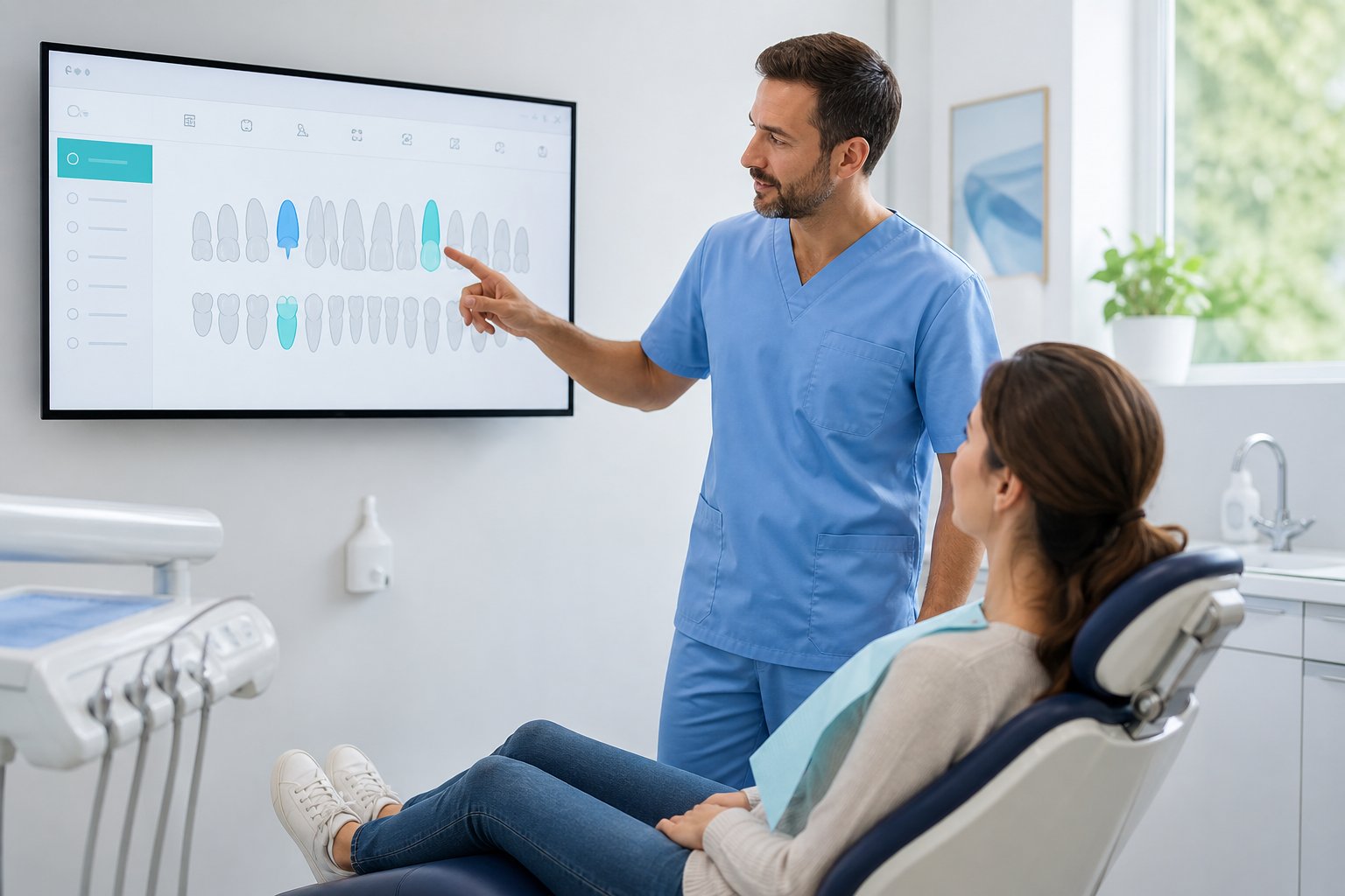 Clinician using a clear, structured dental charting and treatment interface during a patient visit