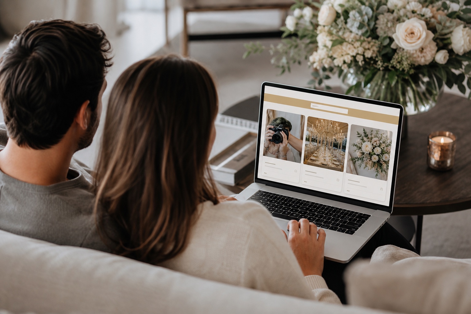 Couple browsing wedding vendors and inspiration on the Wedova marketplace