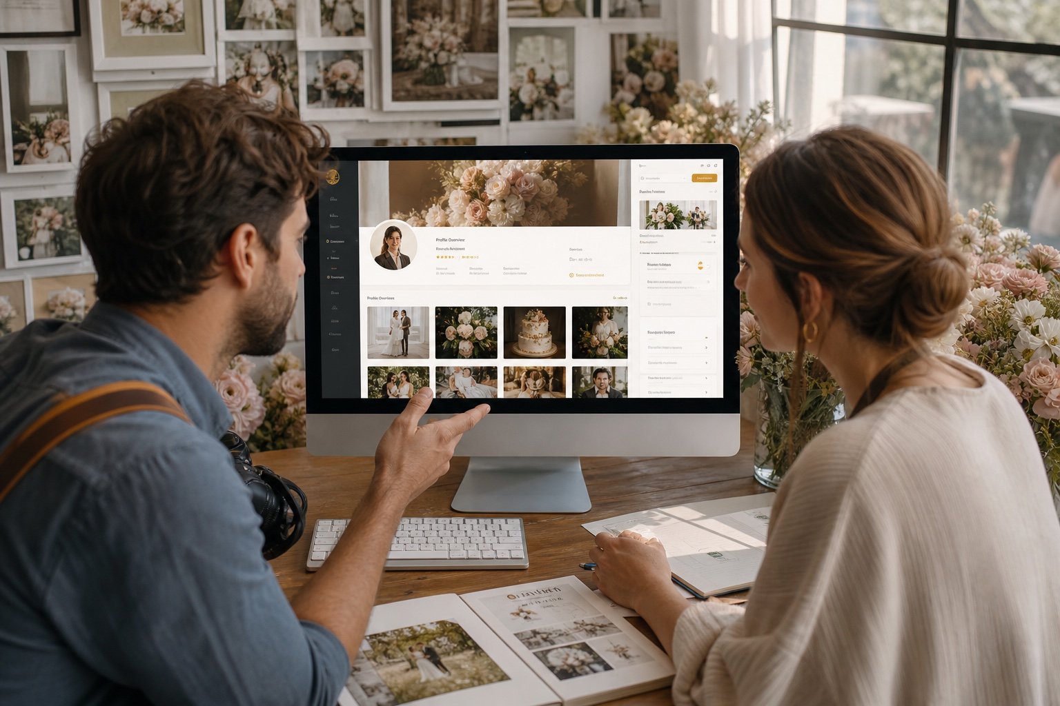 Couple reviewing a wedding vendor profile, portfolio, and enquiry options in the marketplace