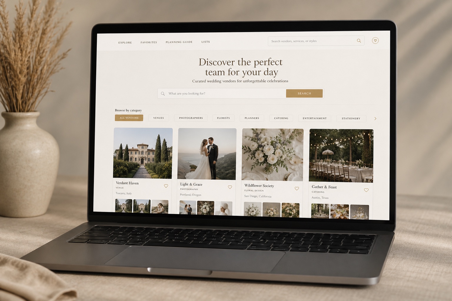 Wedova marketplace showing wedding vendor categories, visual profiles, and discovery for couples