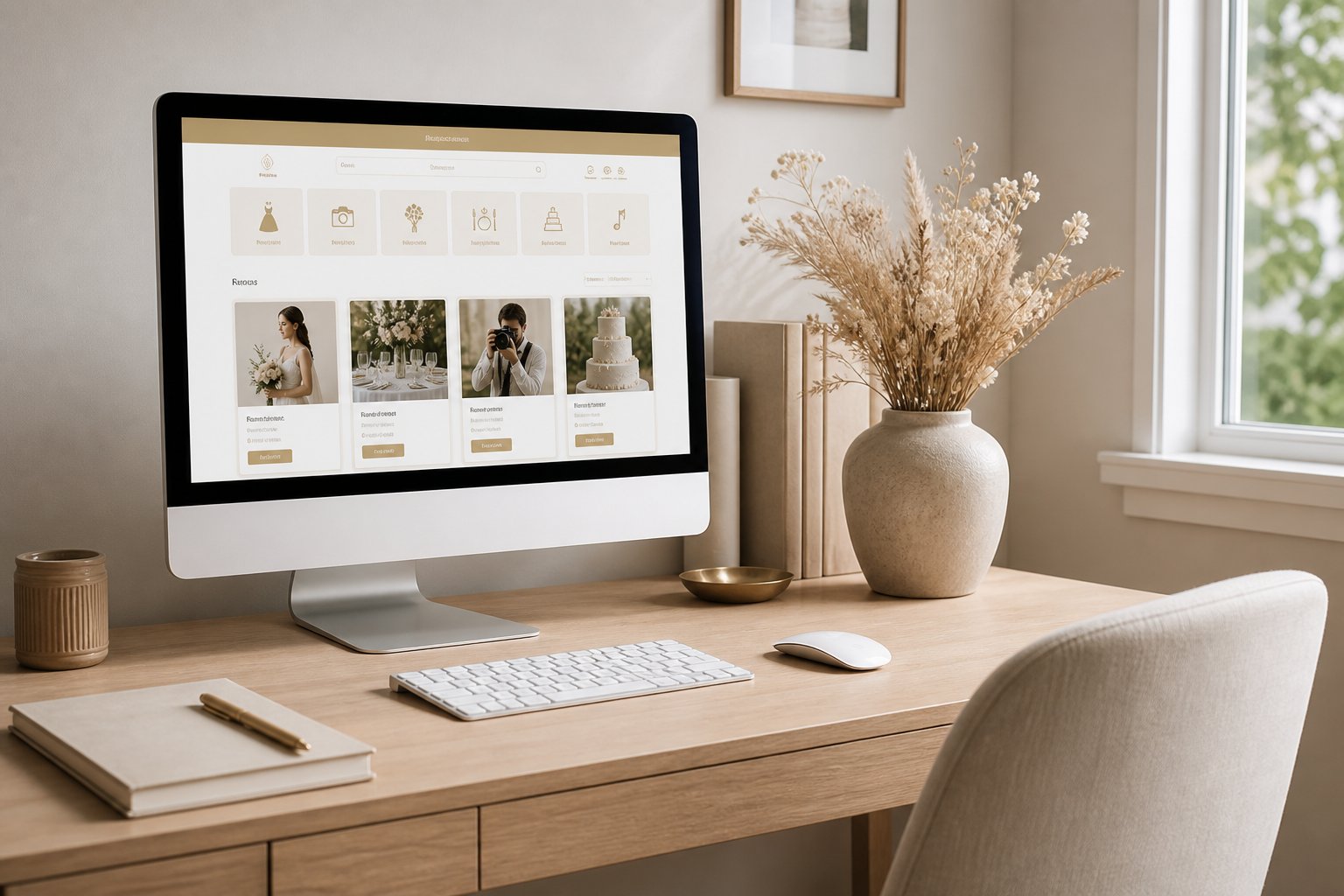 Laptop displaying the Wedova wedding vendor marketplace and profile cards