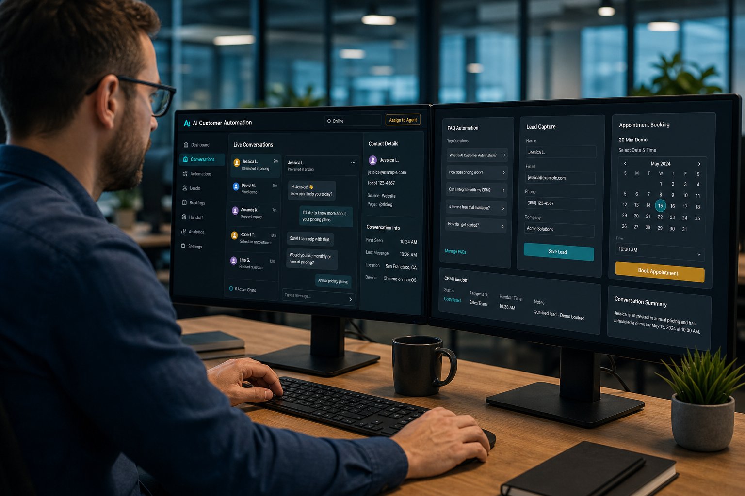 Support specialist monitoring AI chatbot conversations, lead capture, and CRM handoff on dual monitors