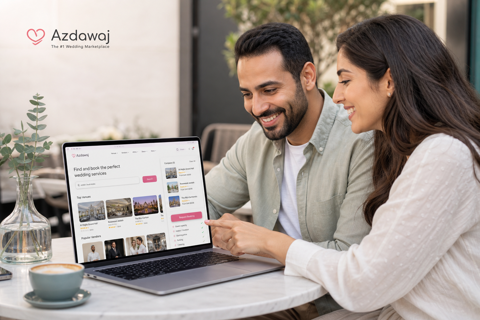 Engaged couple browsing wedding venues and vendors on a modern marketplace app