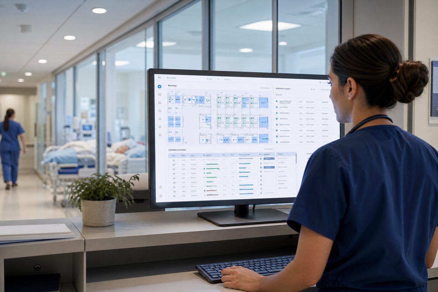 Hospital administrator reviewing admissions, wards, and clinical schedules in the Orixdent platform