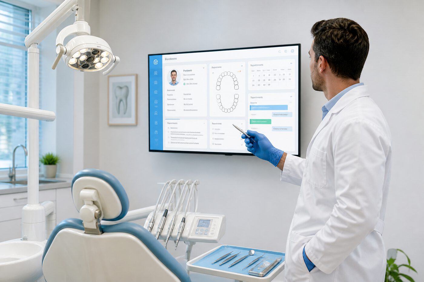 Dentist in a modern operatory reviewing clinical charting and appointments on the Orixdent Plus dashboard