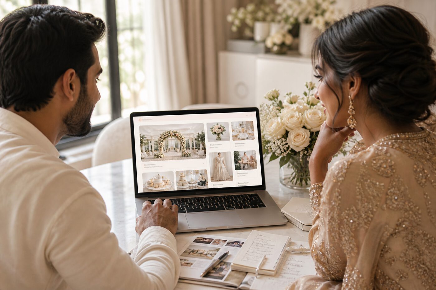 Couple planning their wedding on the Wedova marketplace for venues and vendors