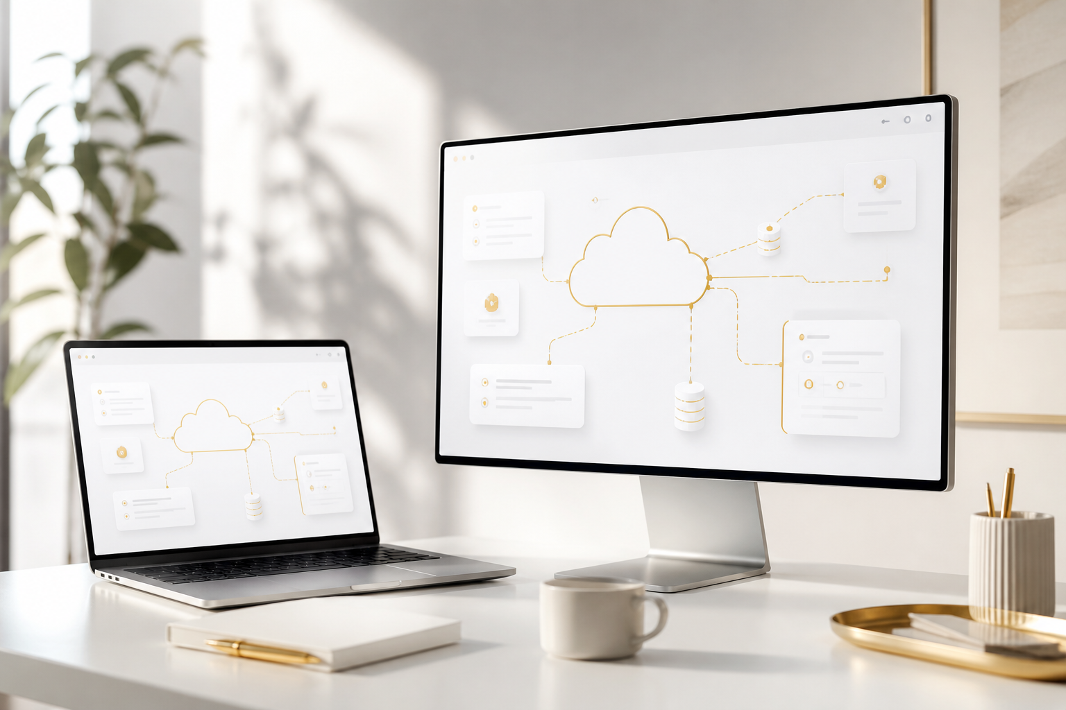 Cloud architecture planning on laptop and monitor