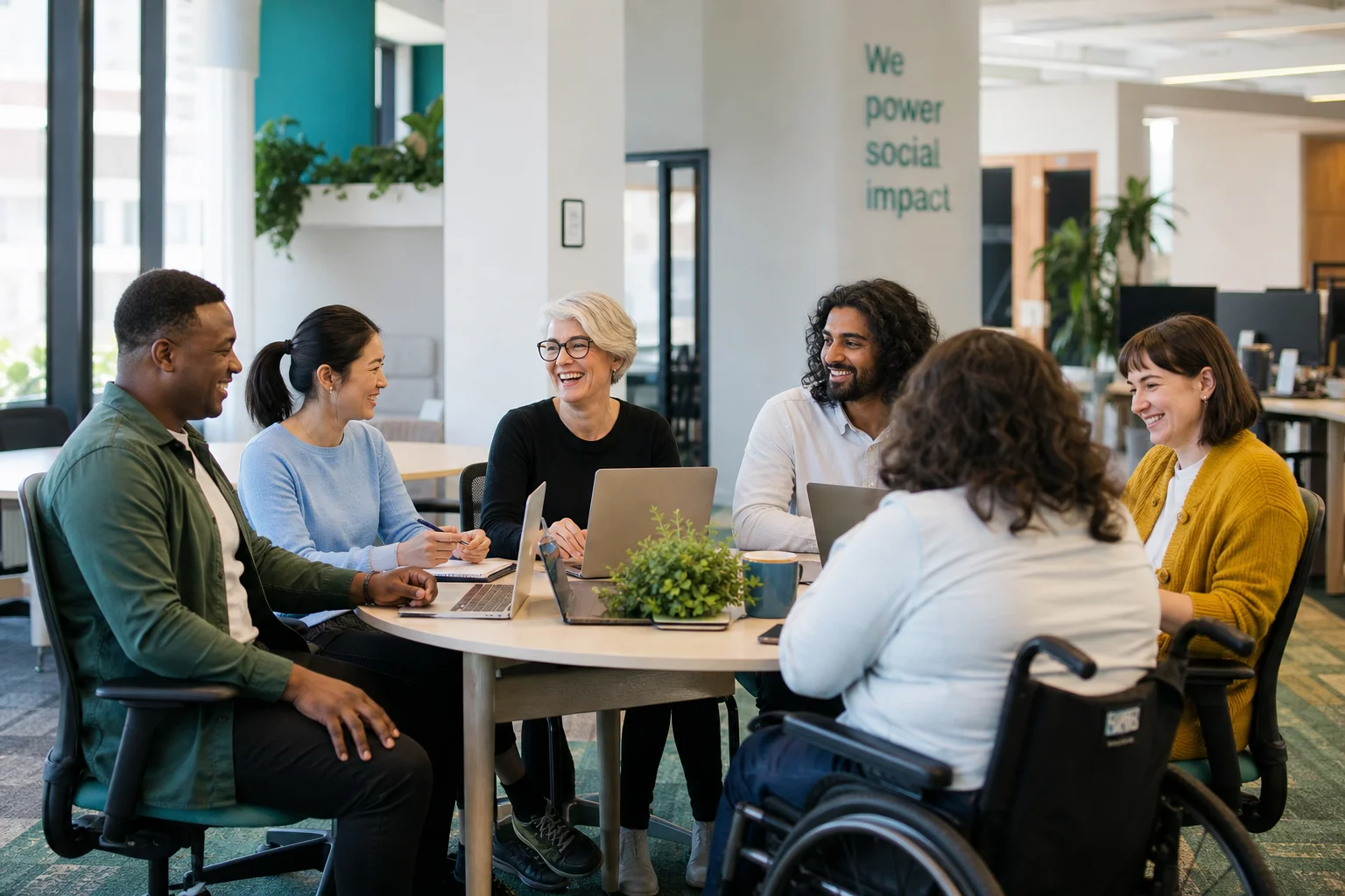 Diverse inclusive tech team collaborating together in an open modern office